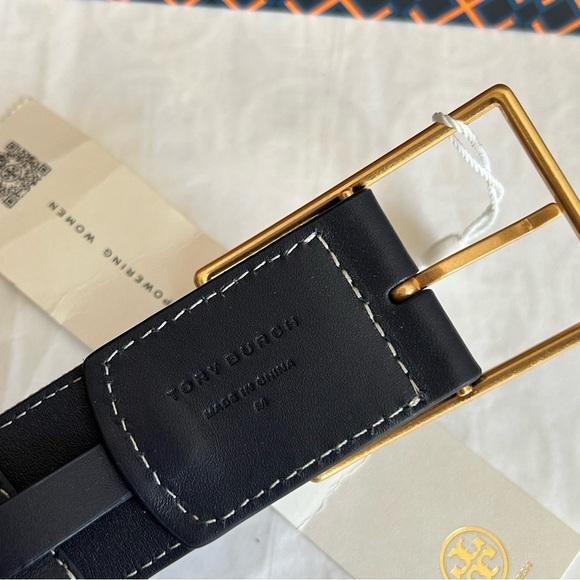 Tory Burch 1.5" T Monogram Belt jacquard Tory Navy Gold Size M Medium - Picture 4 of 9